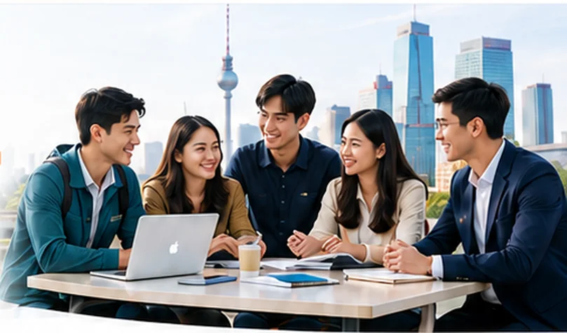 Sinh viên Việt Nam trao đổi tại bàn với khung cảnh Berlin phía sau