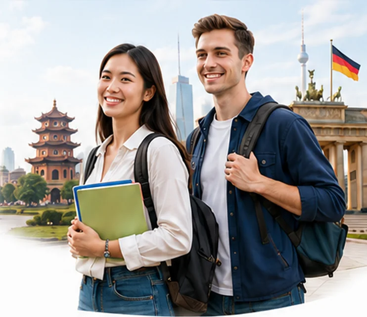 Sinh viên Việt Nam và Đức trước khung cảnh kết hợp Hà Nội và Berlin