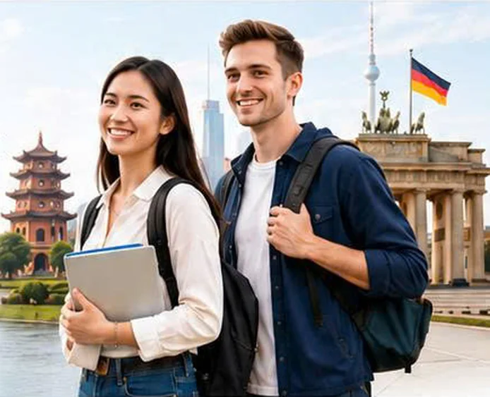 Sinh viên Việt Nam và Đức cầm tài liệu học tập
