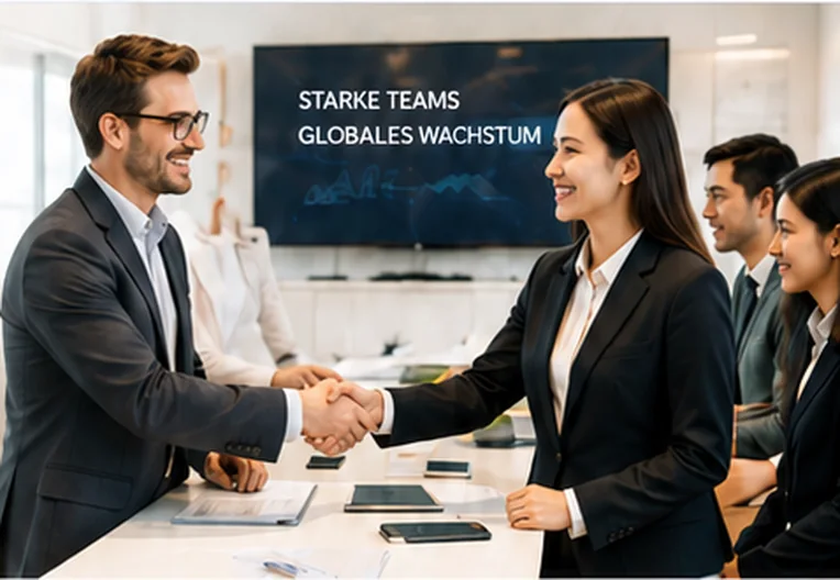 Arbeitgeber und Kandidatin beim Händedruck im Besprechungsraum