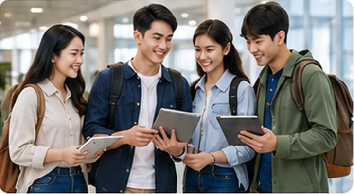 Nhóm sinh viên cầm máy tính bảng trong khuôn viên trường