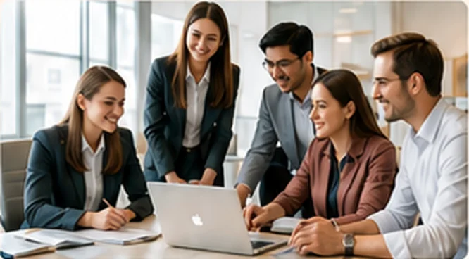 Internationales Team arbeitet gemeinsam am Laptop